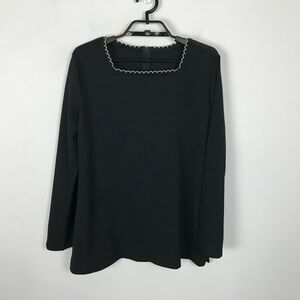 Vintage 1970s Knit Blouse Square Scalloped Neckline‎ Black Long Sleeve Size L